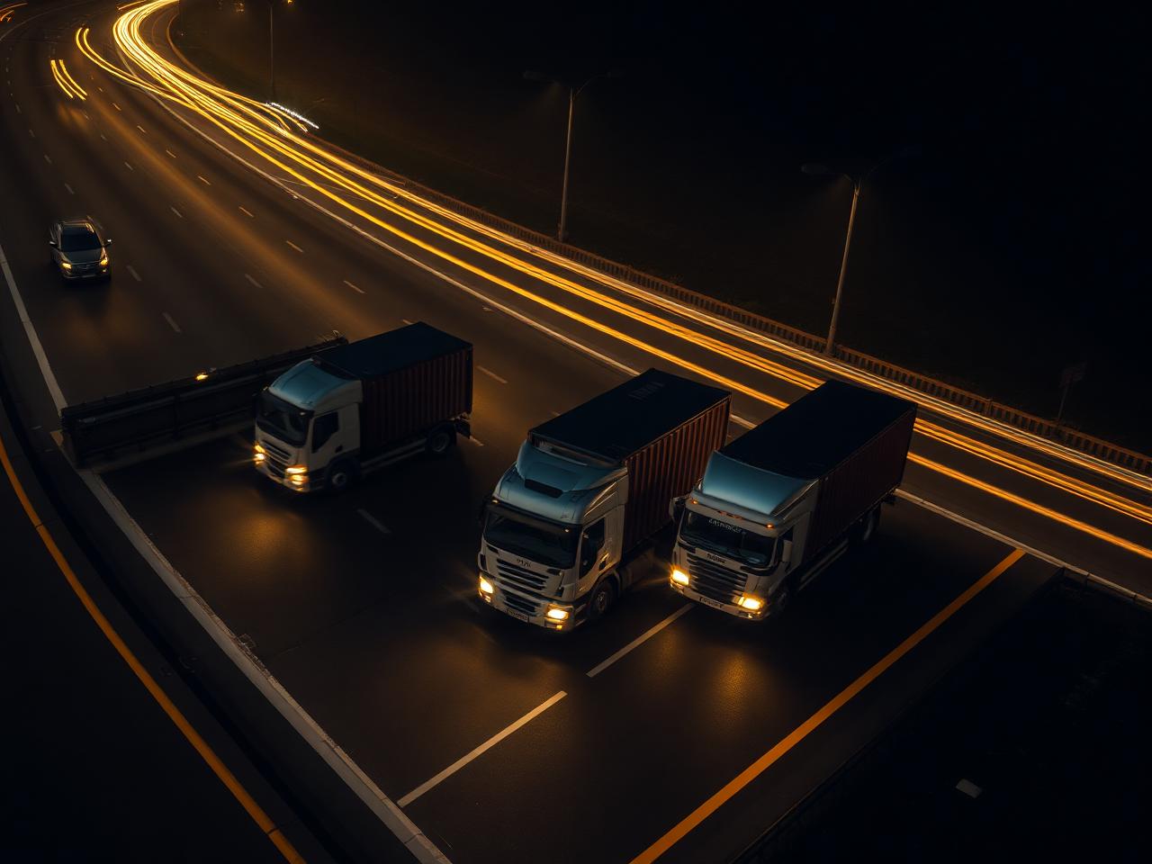 Trucks on highway at night with light trails