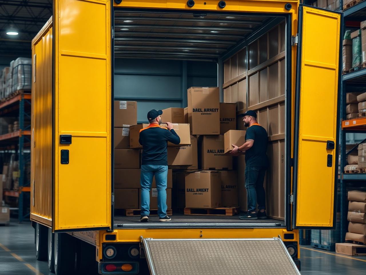 Workers loading boxes into a transport truck