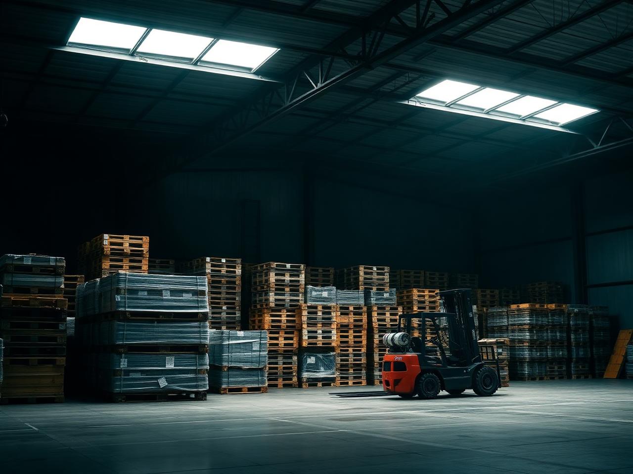 Warehouse with stacked pallets and forklift