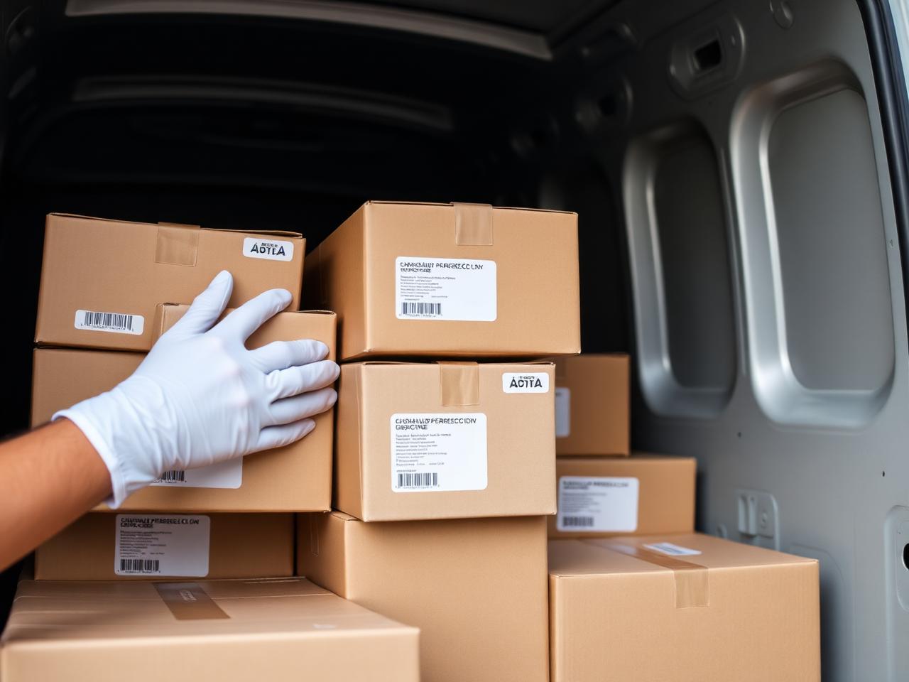 Pharmaceutical boxes being delivered with gloves